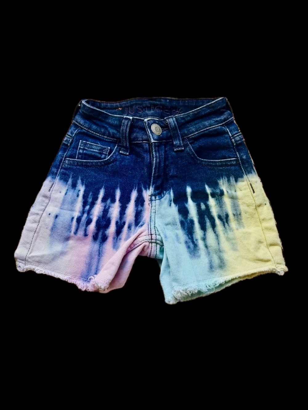 Justice Tie-Dye Ombre Denim Shorts - Navy, Pink & Yellow